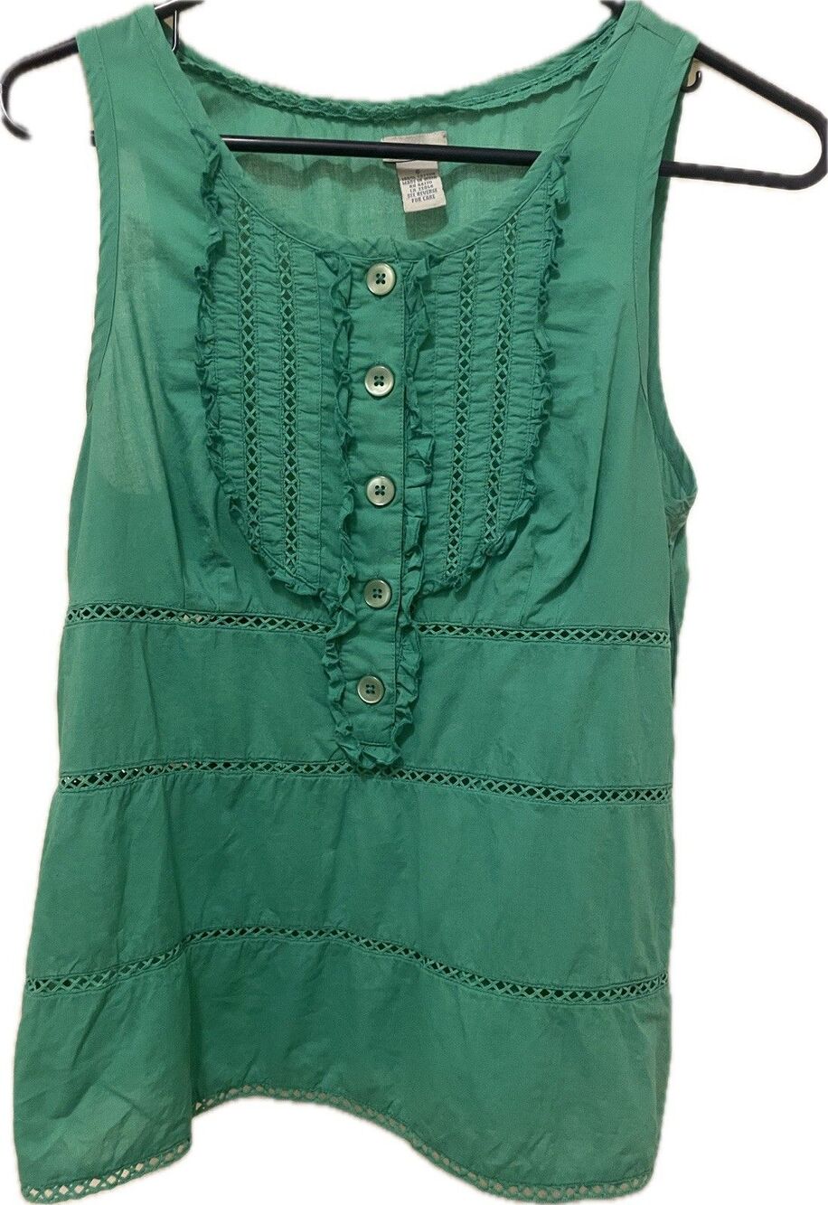Odille (Anthropologie) green cotton Tank with eyelet and ruffle details Sz 6